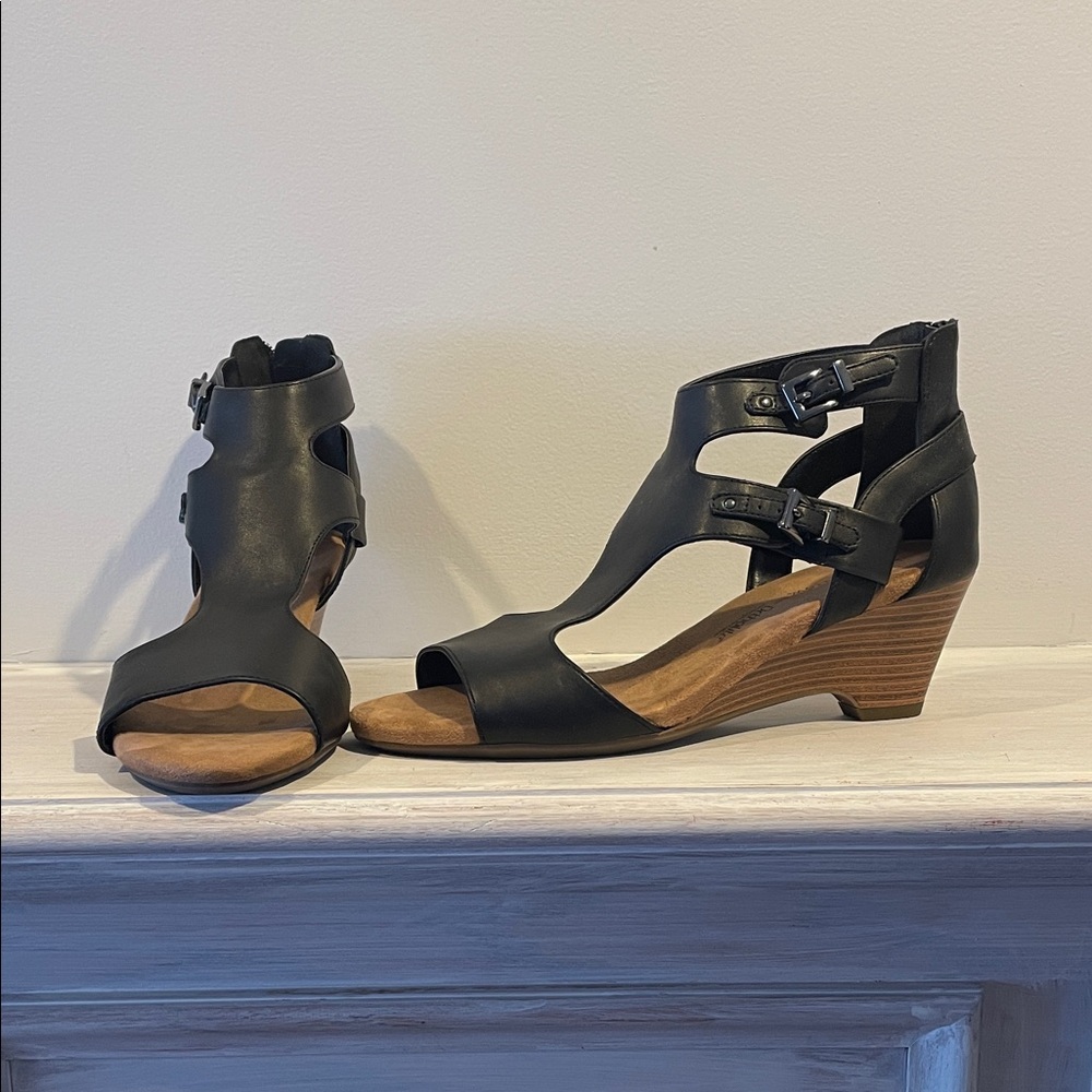 Black Strappy Wedge Sandals